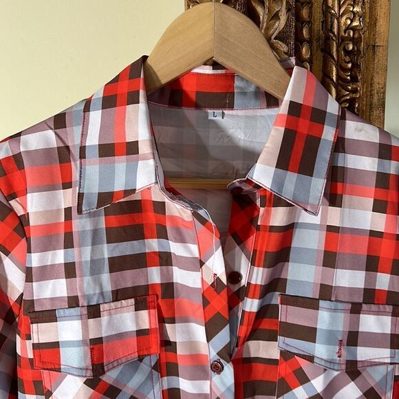 Plaid Long Sleeve Button Down Blouse Split Shirt Size Large Orange / Blue - Picture 3 of 5